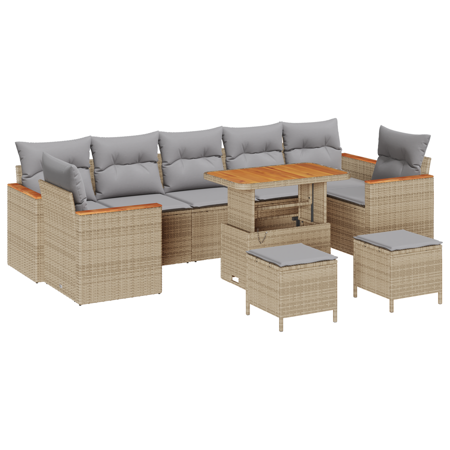 10-delige Tuinbankenset met kussens poly rattan acacia beige