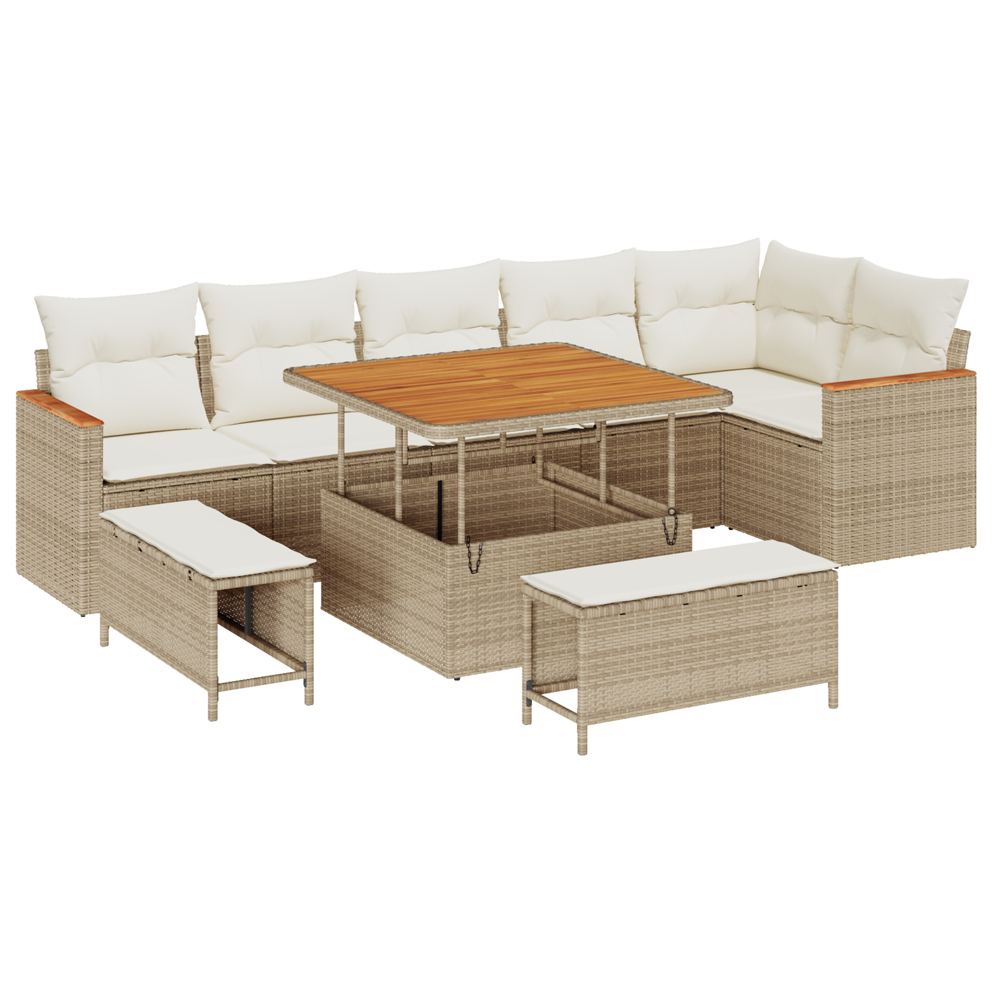 9-delige Tuinbankenset met kussens poly rattan acacia beige
