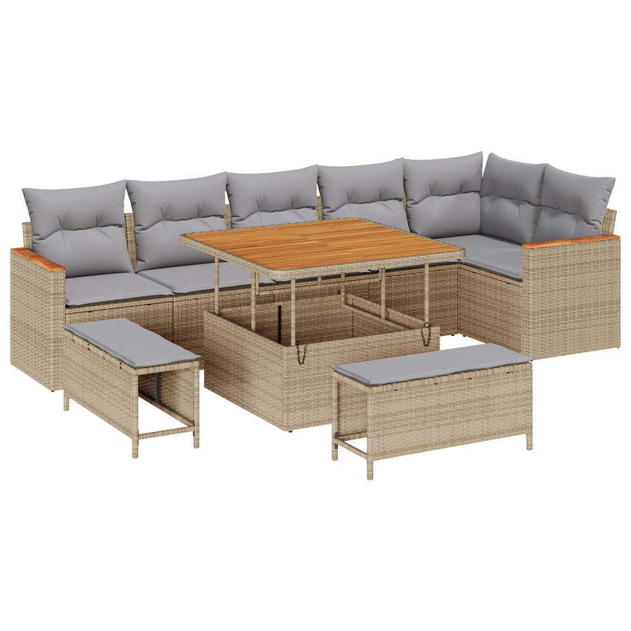9-delige Tuinbankenset met kussens poly rattan acacia beige