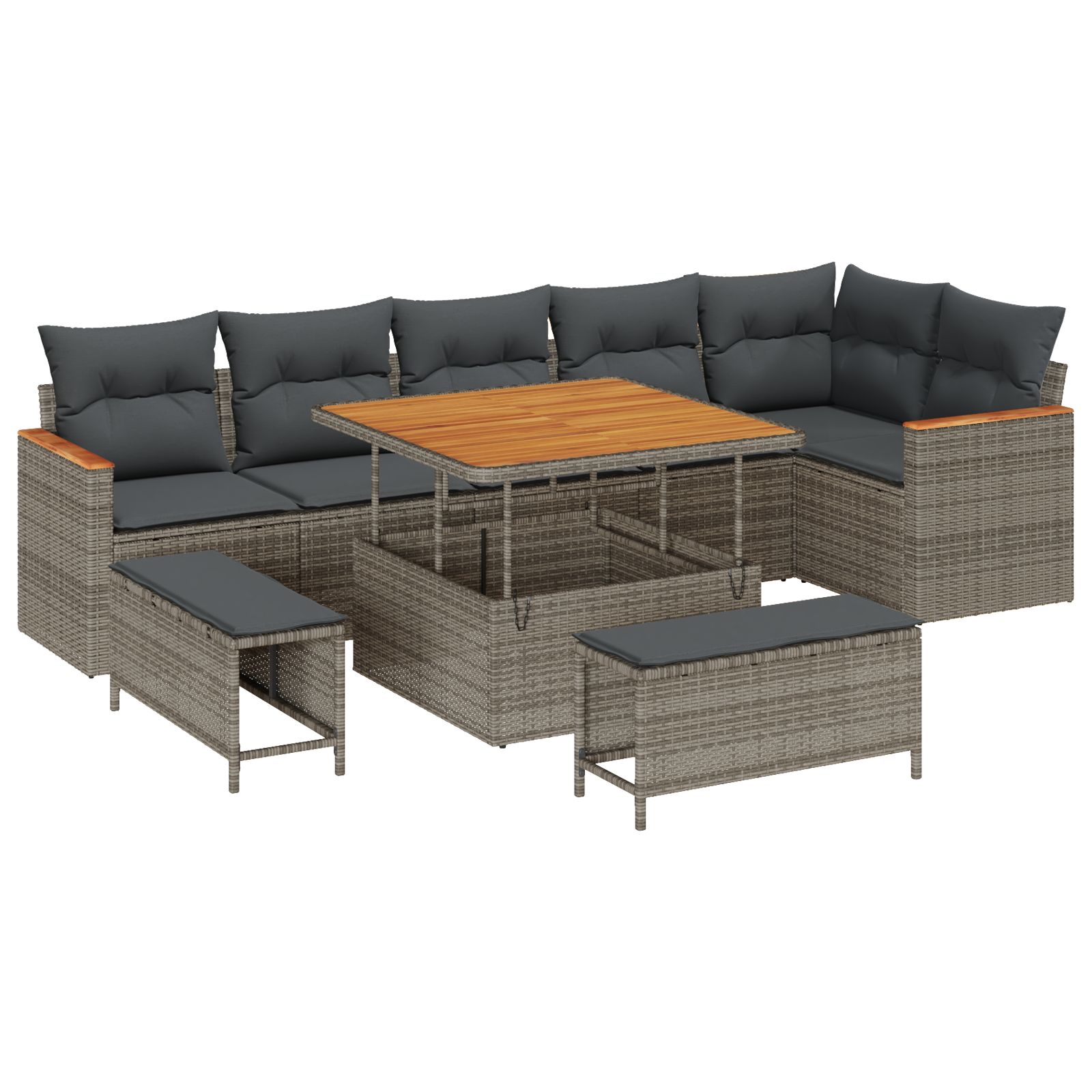 9-delige Tuinbankenset met kussens poly rattan acacia grijs