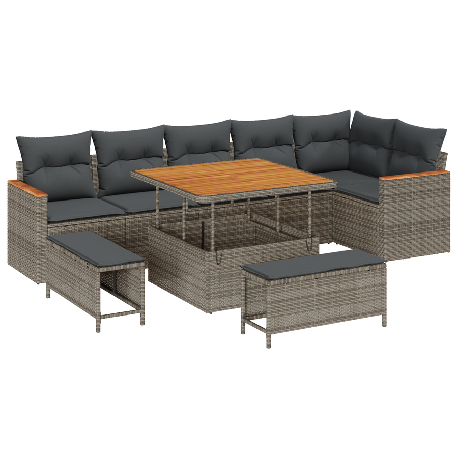 9-delige Tuinbankenset met kussens poly rattan acacia grijs