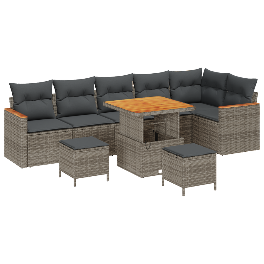 9-delige Tuinbankenset met kussens poly rattan acacia grijs