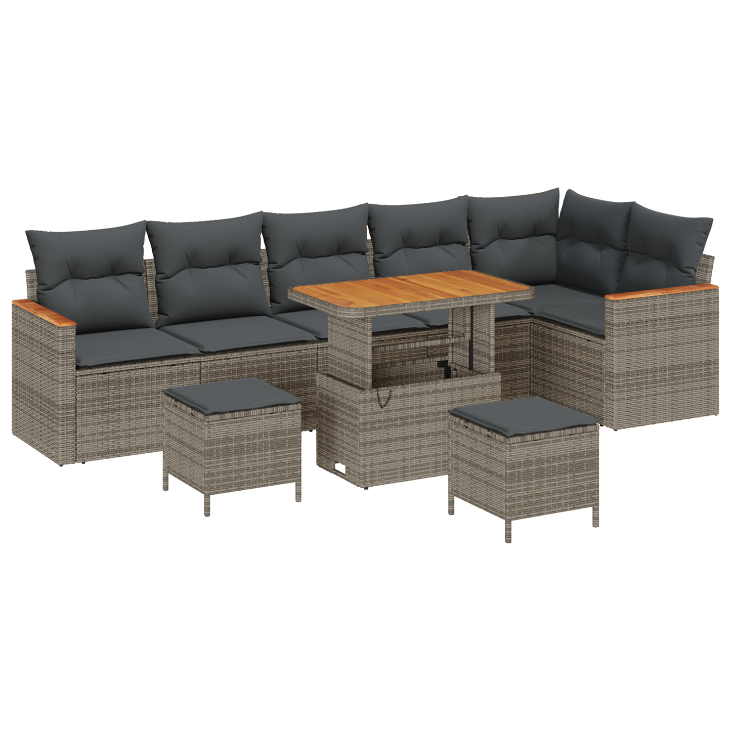 9-delige Tuinbankensetmet kussens poly rattan acacia grijs