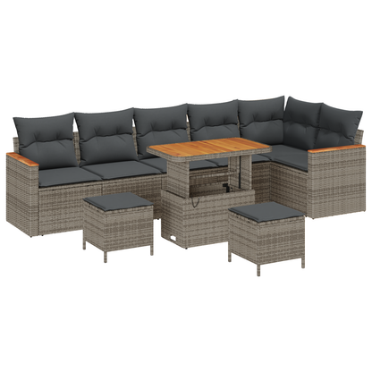 9-delige Tuinbankensetmet kussens poly rattan acacia grijs