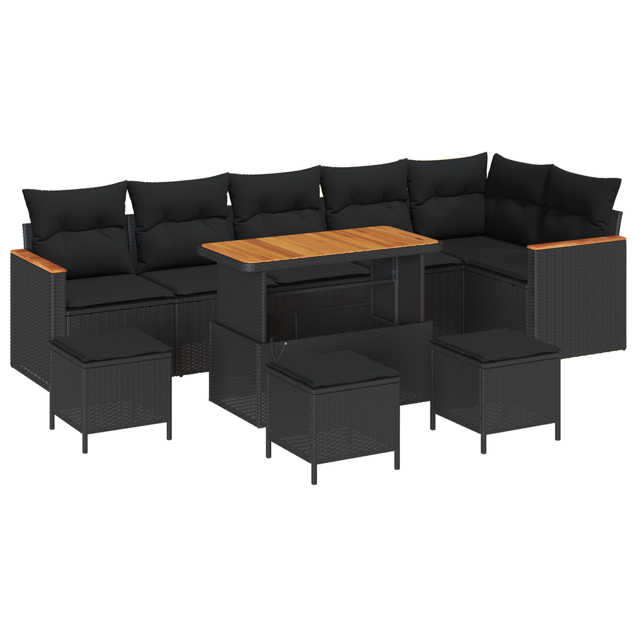 10-delige Tuinbankenset met kussens poly rattan acacia zwart
