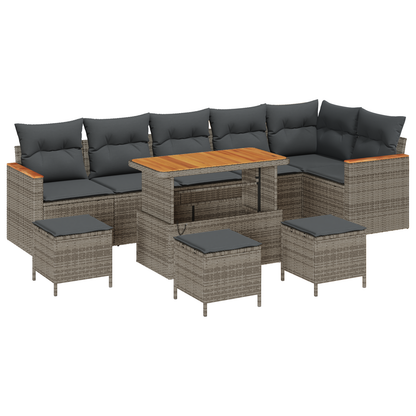 10-delige Tuinbankenset met kussens poly rattan acacia grijs
