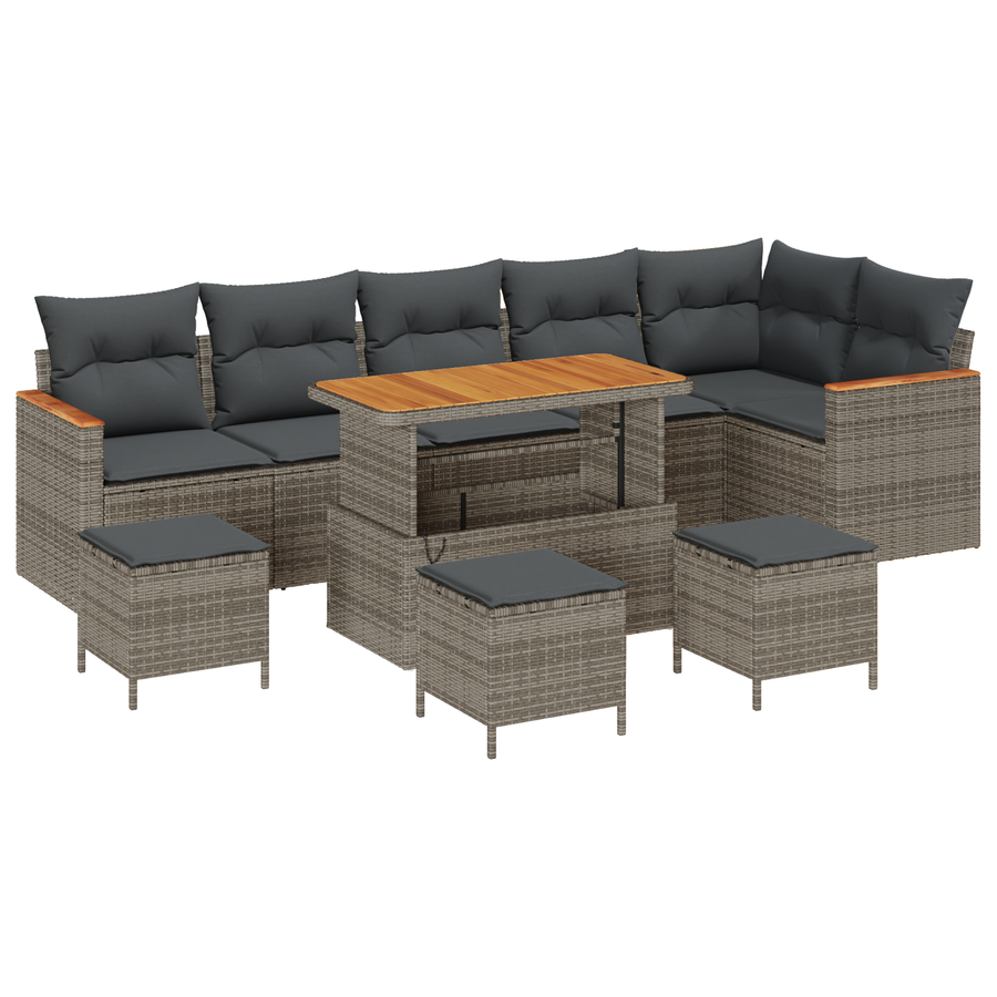 10-delige Tuinbankenset met kussens poly rattan acacia grijs
