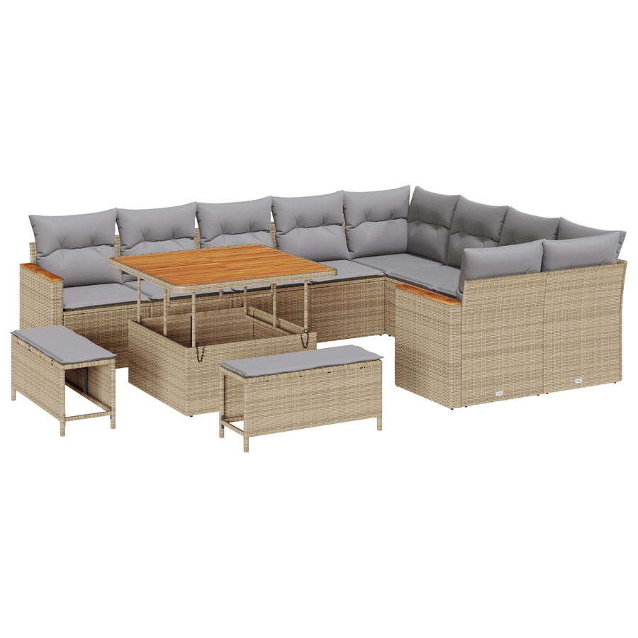 12-delige Tuinbankenset met kussens poly rattan acacia beige