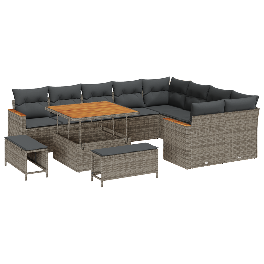 12-delige Tuinbankenset met kussens poly rattan acacia grijs