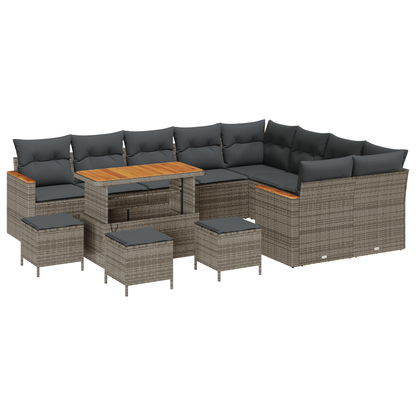 13-delige Tuinbankenset met kussens poly rattan acacia grijs