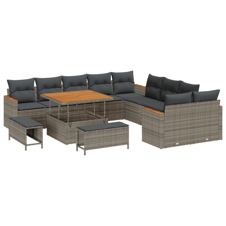 13-delige Tuinbankenset met kussens poly rattan acacia grijs