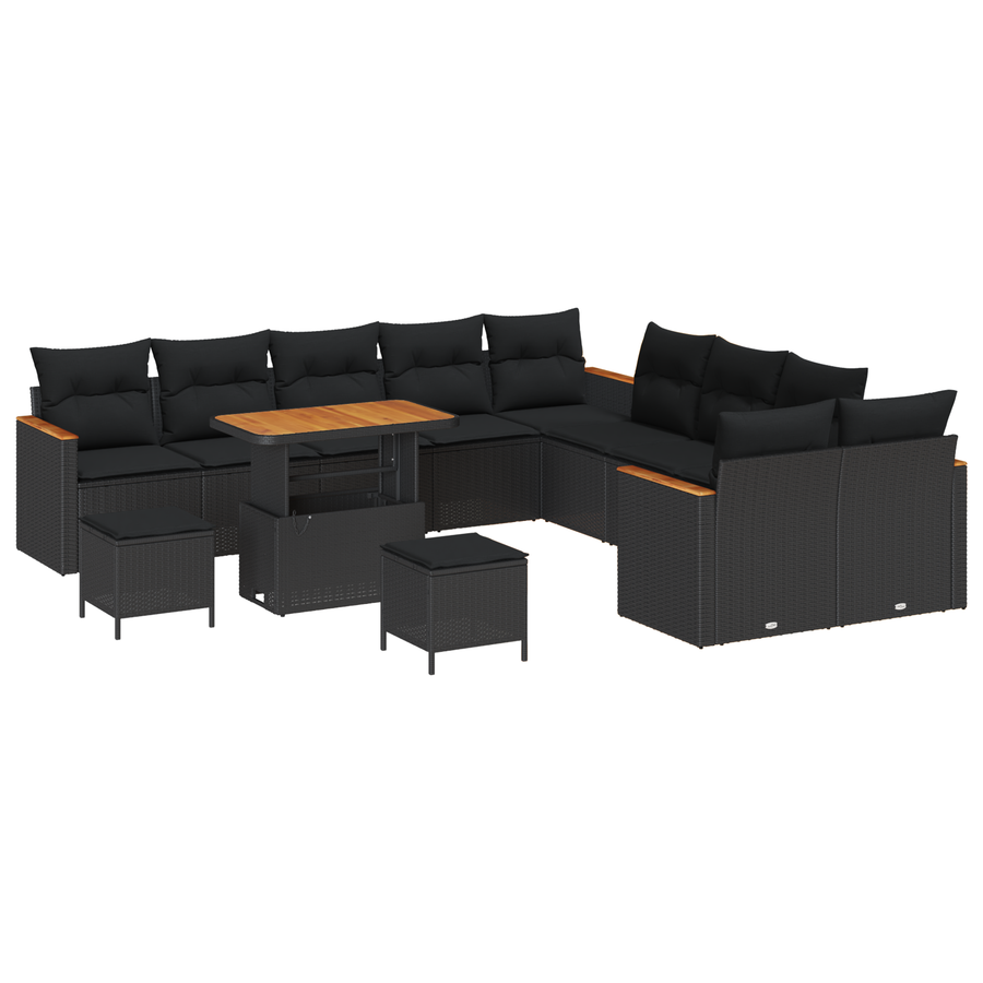 13-delige Tuinbankenset met kussens poly rattan acacia zwart