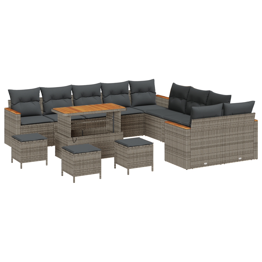 14-delige Tuinbankenset met kussens poly rattan acacia grijs