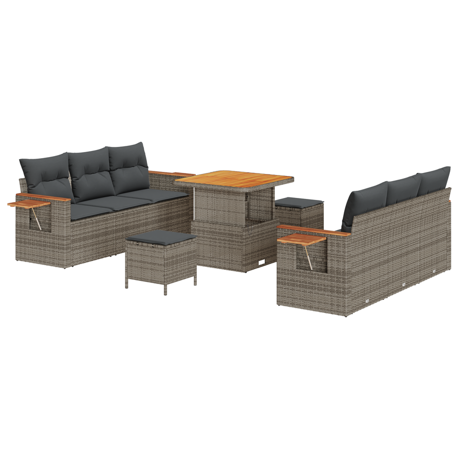 9-delige Tuinbankenset met kussens poly rattan acacia grijs