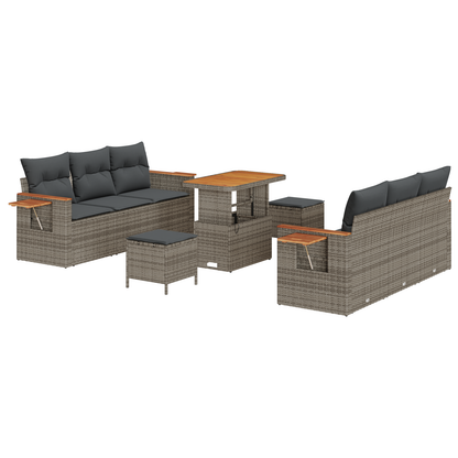 9-delige Tuinbankenset met kussens poly rattan acacia grijs