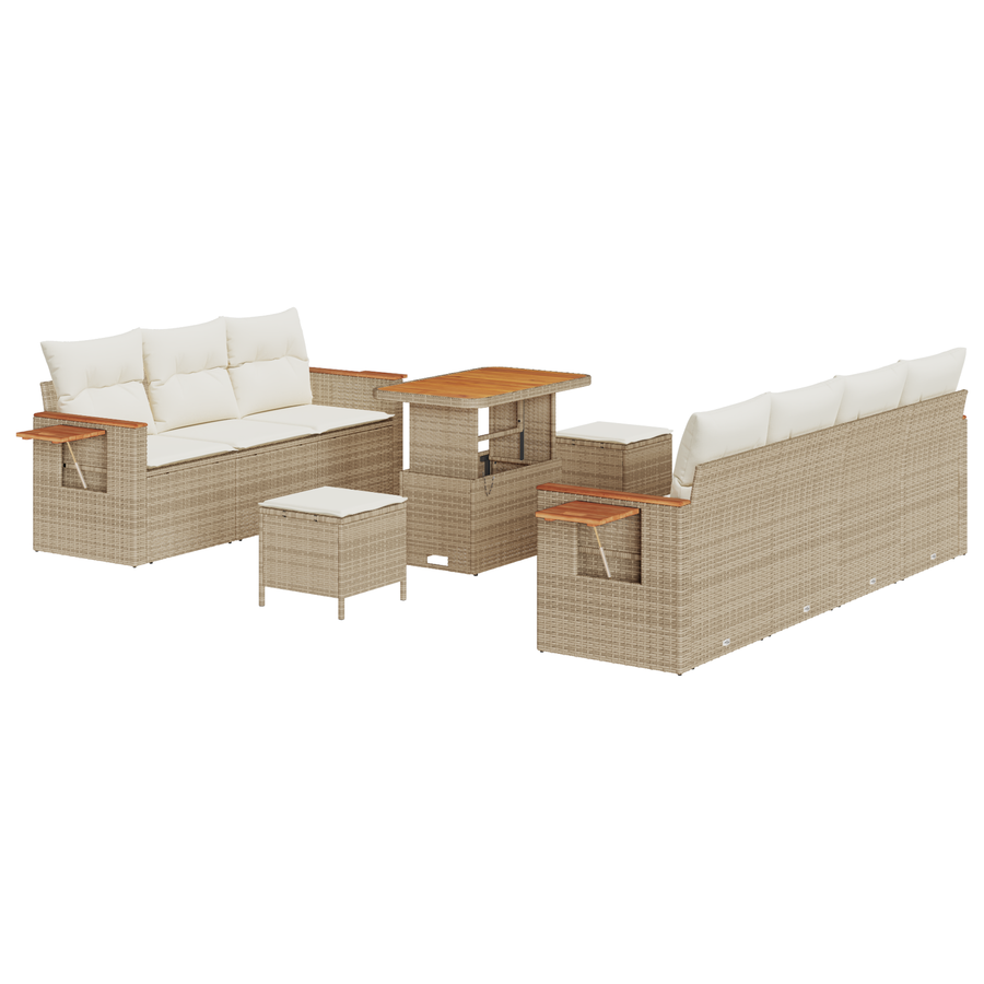 10-delige Tuinbankenset met kussens poly rattan acacia beige