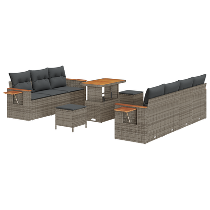 10-delige Tuinbankenset met kussens poly rattan acacia grijs