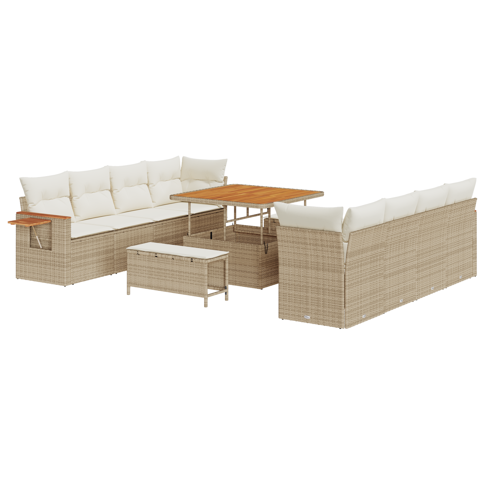 11-delige tuinbankset met kussens in beige poly rattan en acacia
