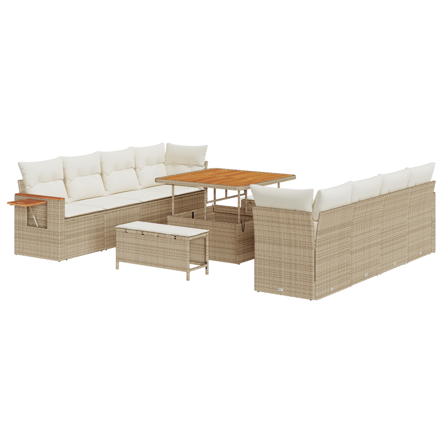 11-delige tuinbankset met kussens in beige poly rattan en acacia