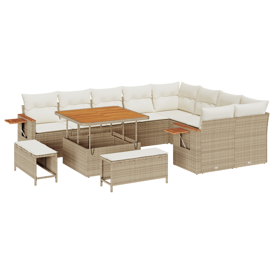 12-delige Tuinbankenset met kussens poly rattan acacia beige