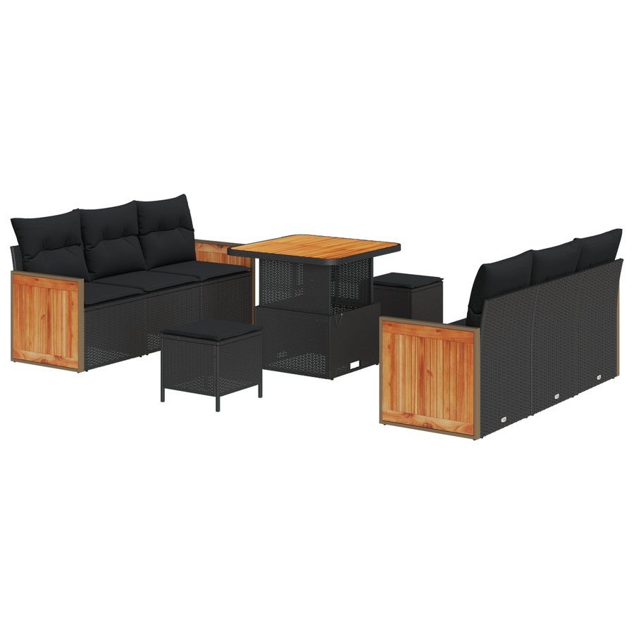 9-delige Tuinbankenset met kussens poly rattan acacia zwart