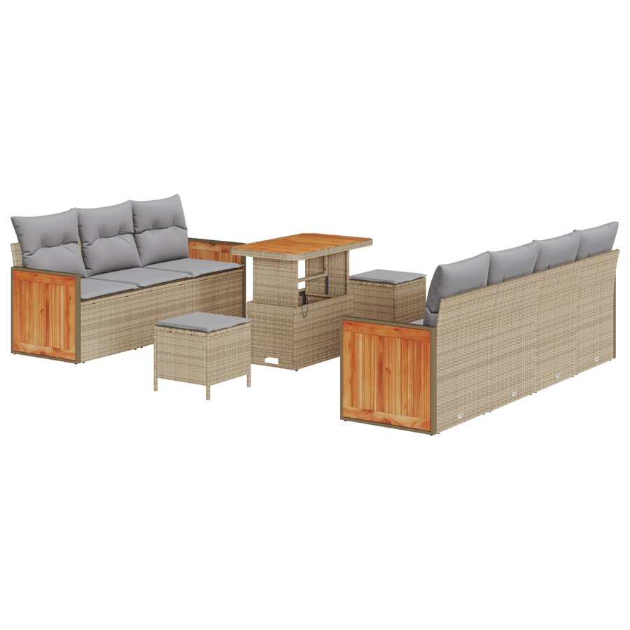 10-delige Tuinbankenset met kussens poly rattan acacia beige