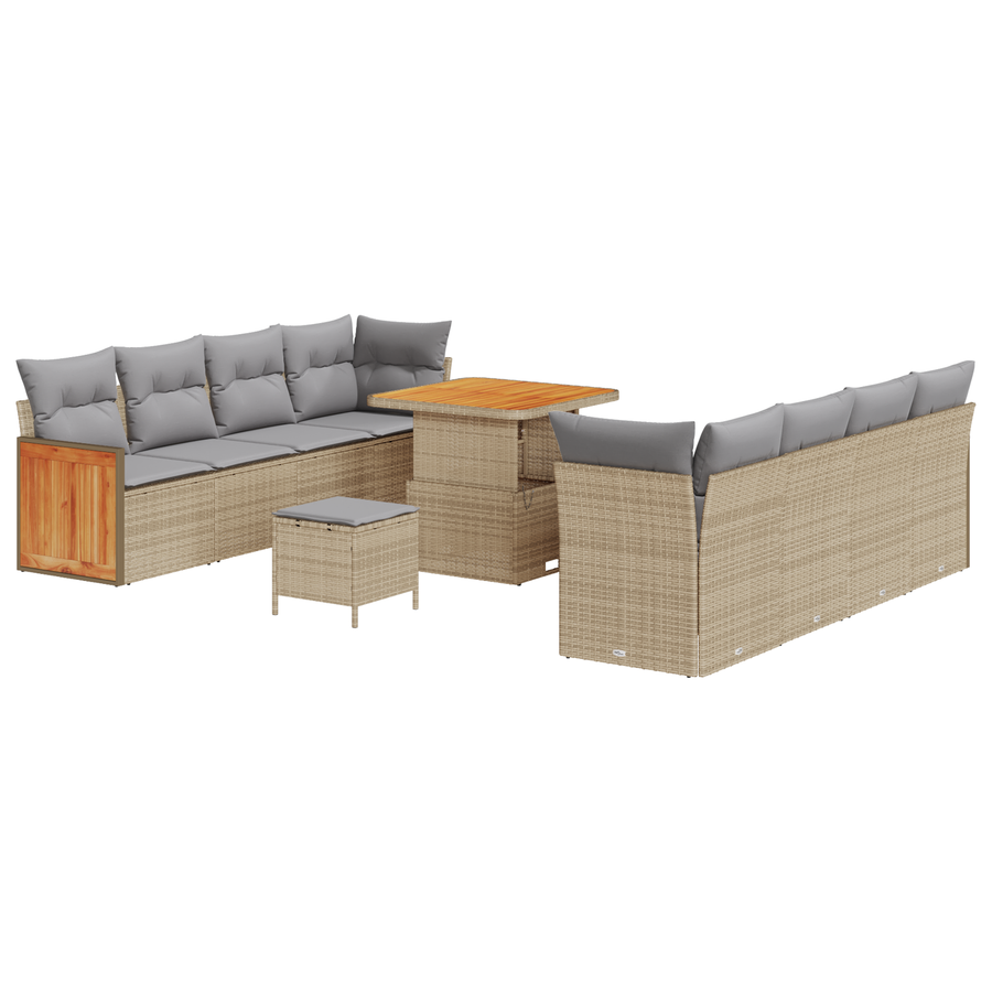 11-delige Tuinbankenset met kussens poly rattan acacia beige