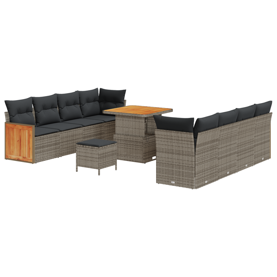 11-delige Tuinbankenset met kussens poly rattan acacia grijs