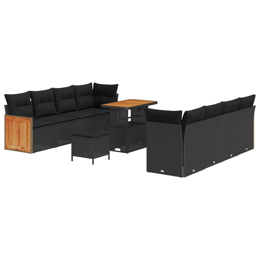11-delig tuinset met kussens zwart poly rattan acacia