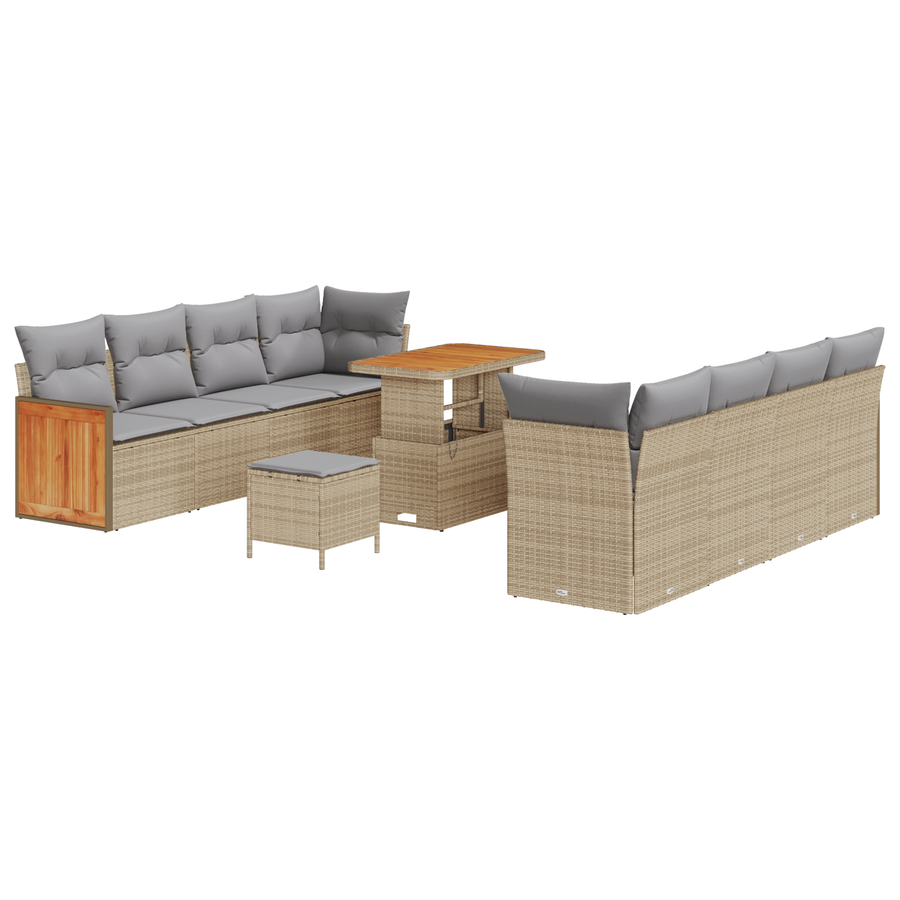 11-delige Tuinbankenset met kussens poly rattan acacia beige