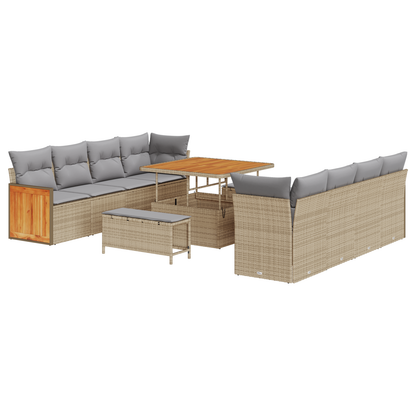 11-delige Tuinbankenset met kussens poly rattan acacia beige
