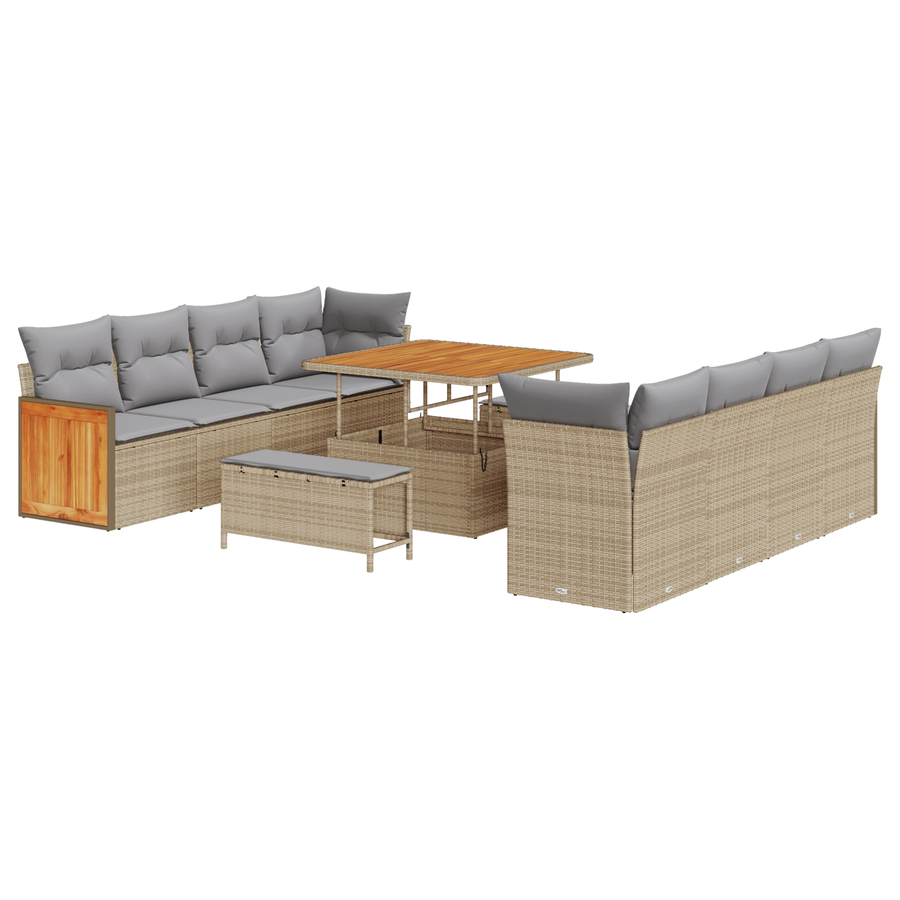 11-delige Tuinbankenset met kussens poly rattan acacia beige