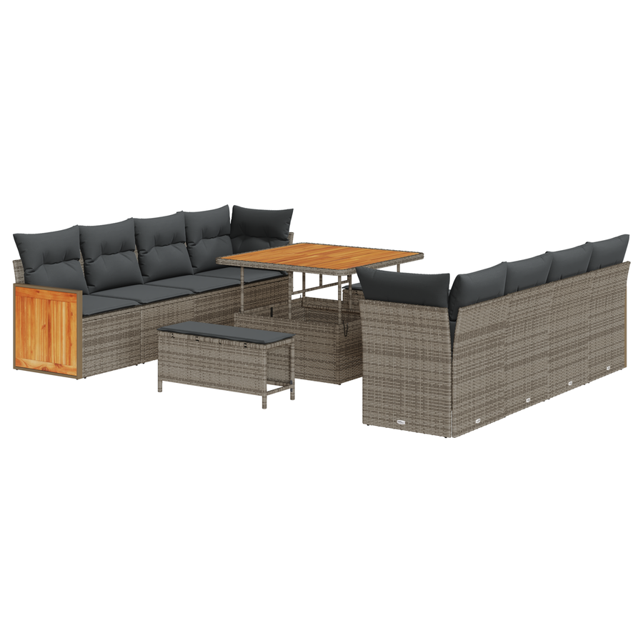 11-delige Tuinbankenset met kussens poly rattan acacia grijs