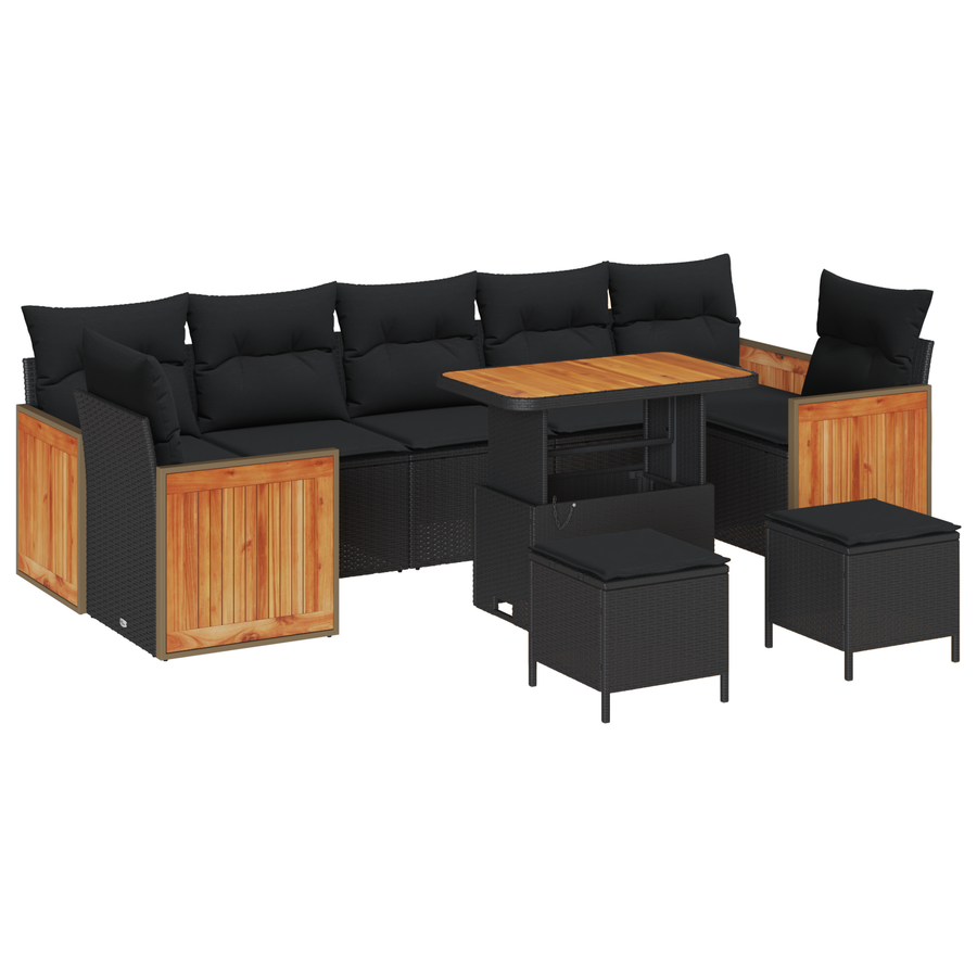 10-delige tuinsofa set met kussens, zwart poly rattan en acacia
