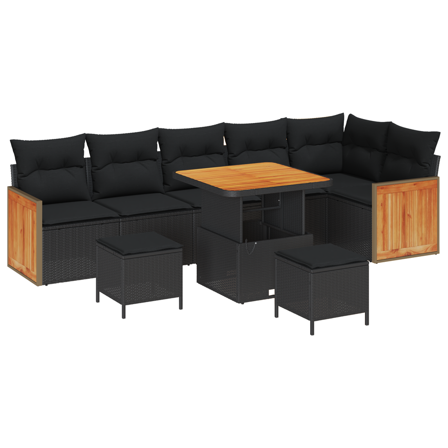 9-delige tuinbank set met kussens zwart poly rattan acacia