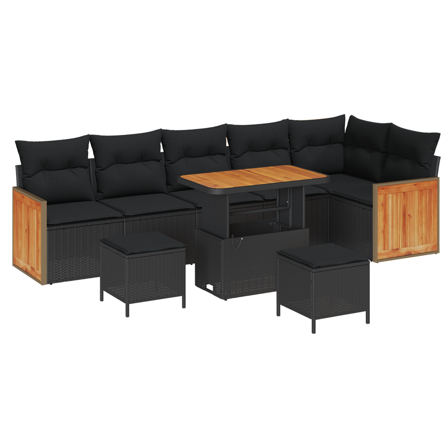 9-delige ligbedset met kussens zwart poly rattan acacia