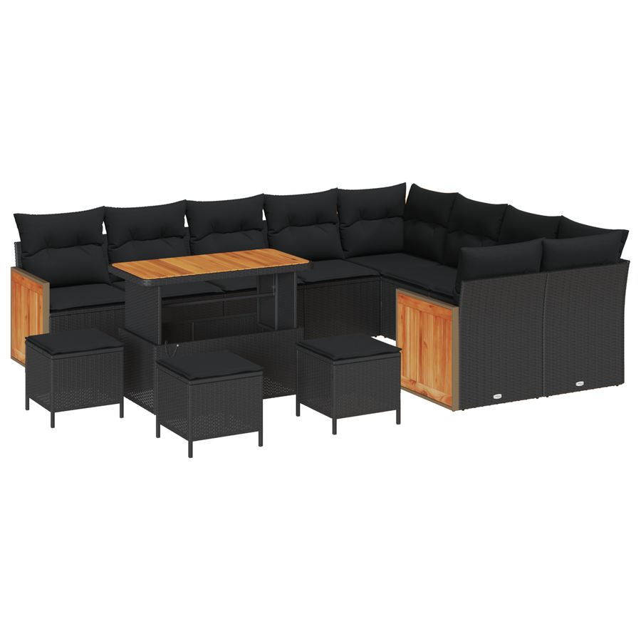 13-delig Tuinbank Set met Kussens Zwart Poly Rattan Acacia