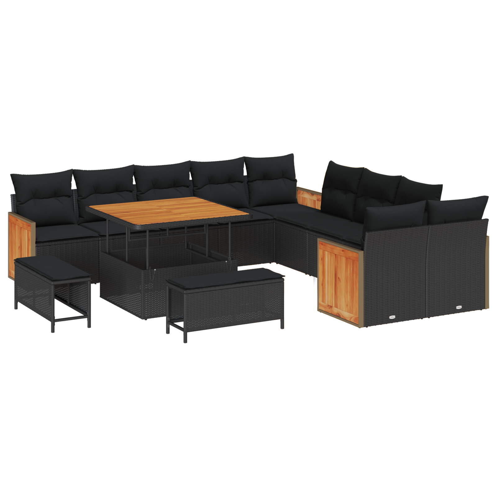 13-delige Tuinbank Set met Kussens Zwart Poly Rattan Acacia