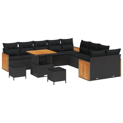 13-delige Tuin Sofa Set met Kussens Zwart Poly Rattan Acacia