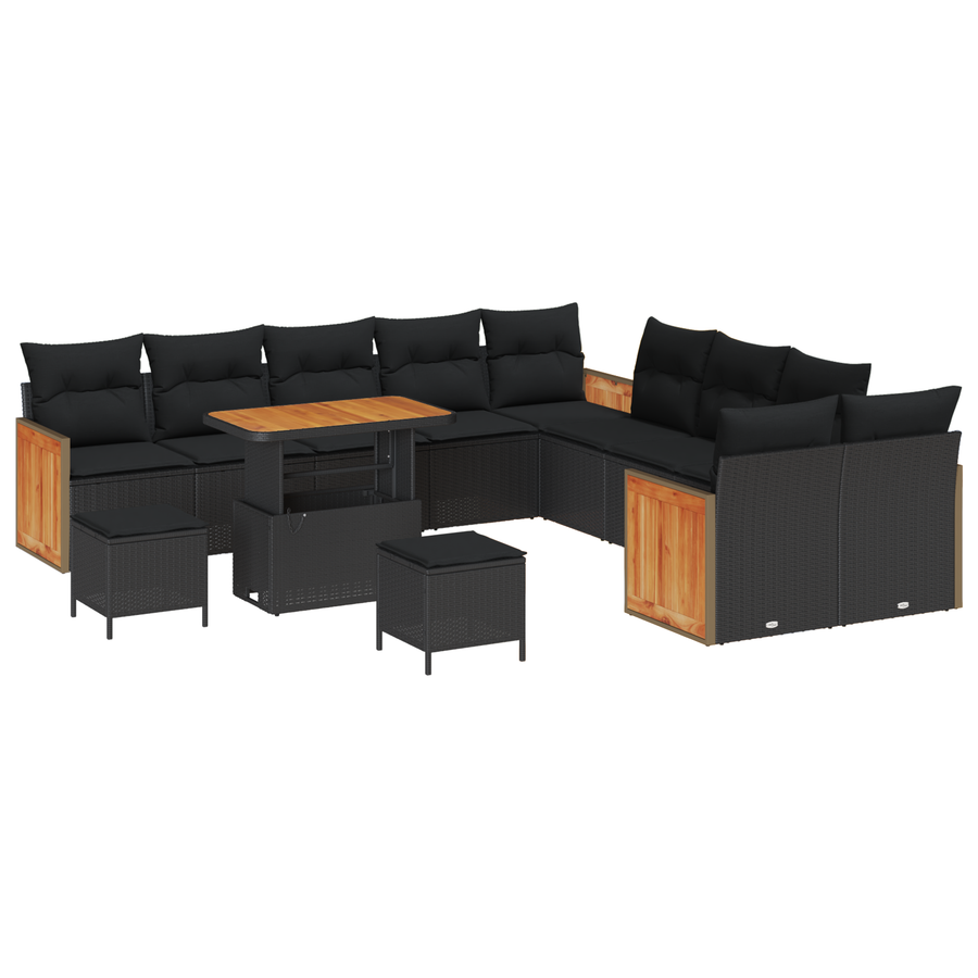 13-delige Tuin Sofa Set met Kussens Zwart Poly Rattan Acacia