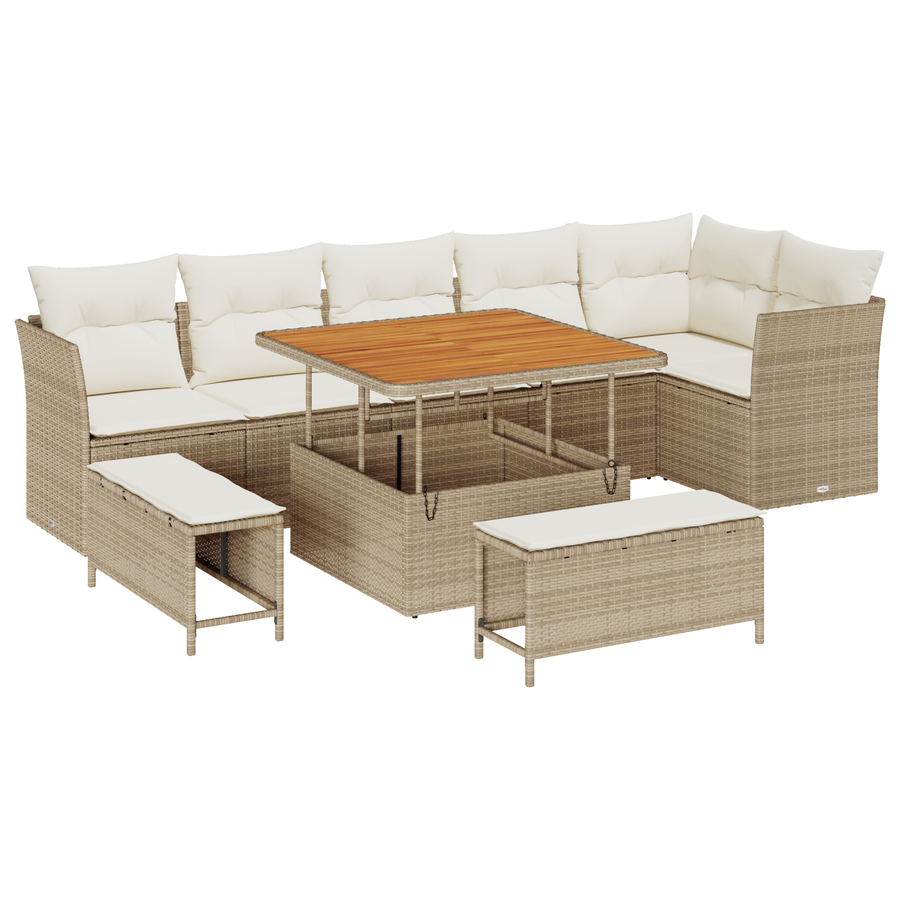9-delige Tuinbankenset met kussens poly rattan acacia beige