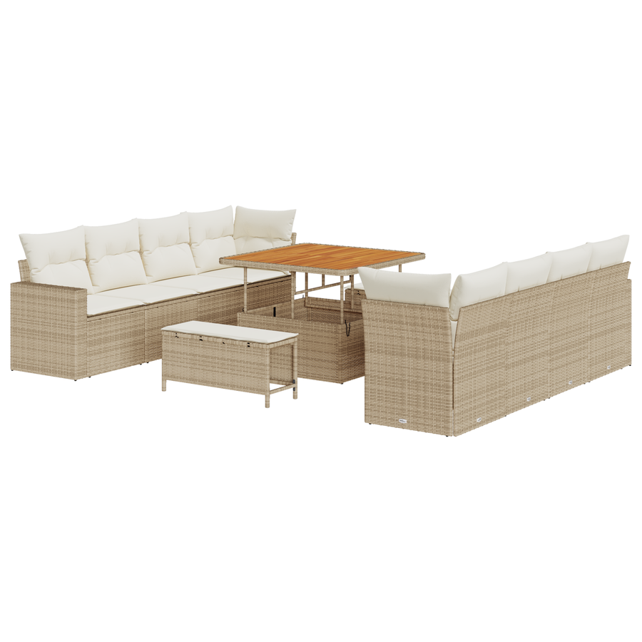 11-delige Tuinbankenset met kussens poly rattan acacia beige