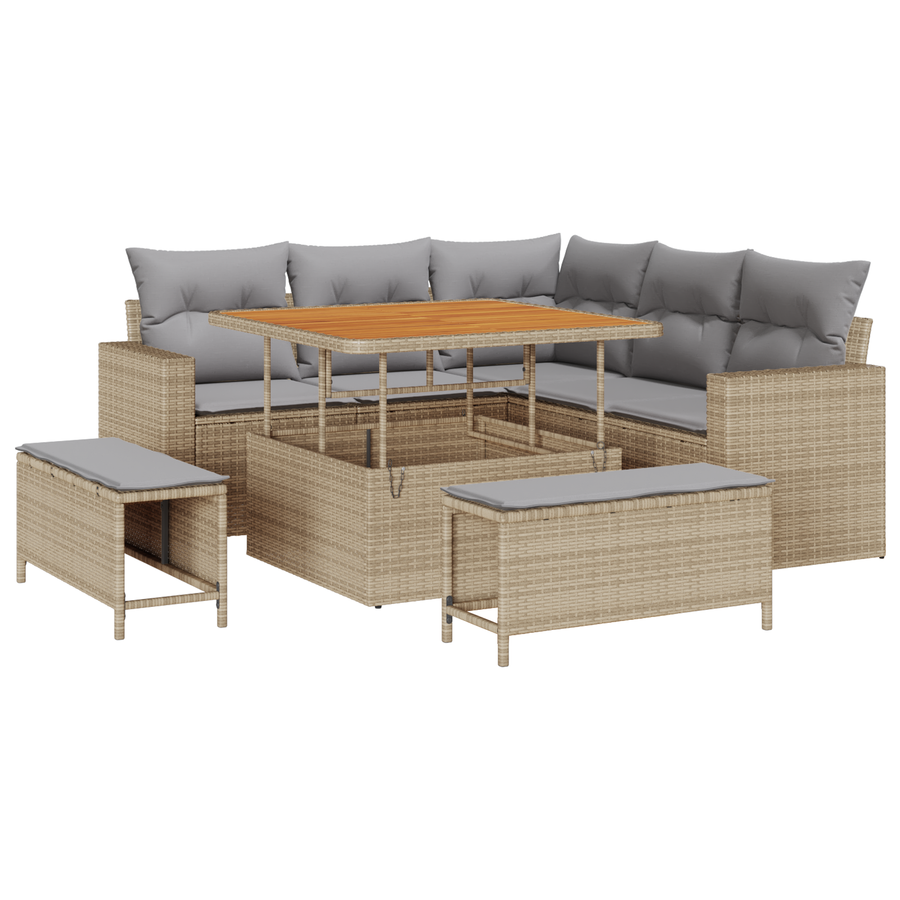 8-delige Tuinbankenset met kussens poly rattan acacia beige