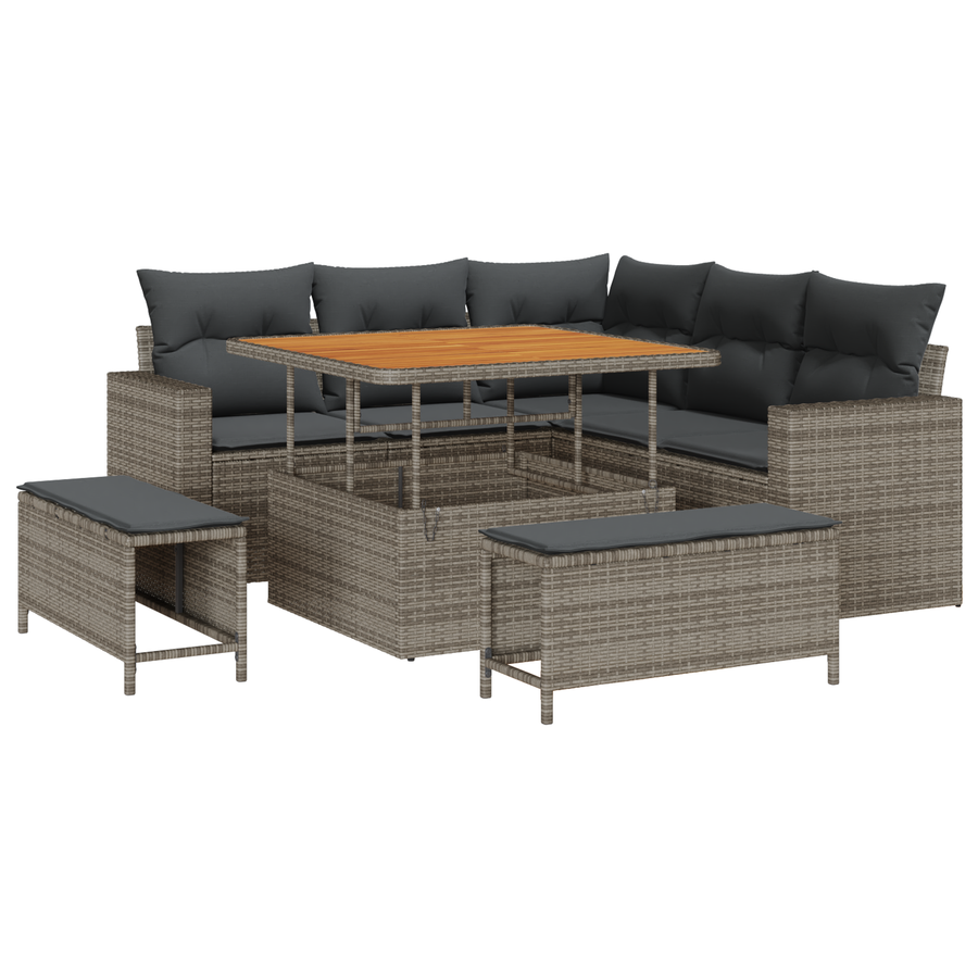 8-delige Tuinbankenset met kussens poly rattan acacia grijs