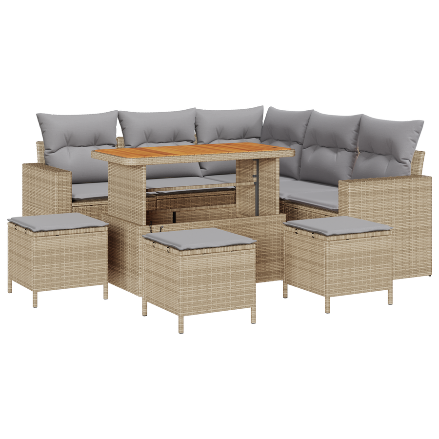 9-delige Tuinbankenset met kussens poly rattan acacia beige