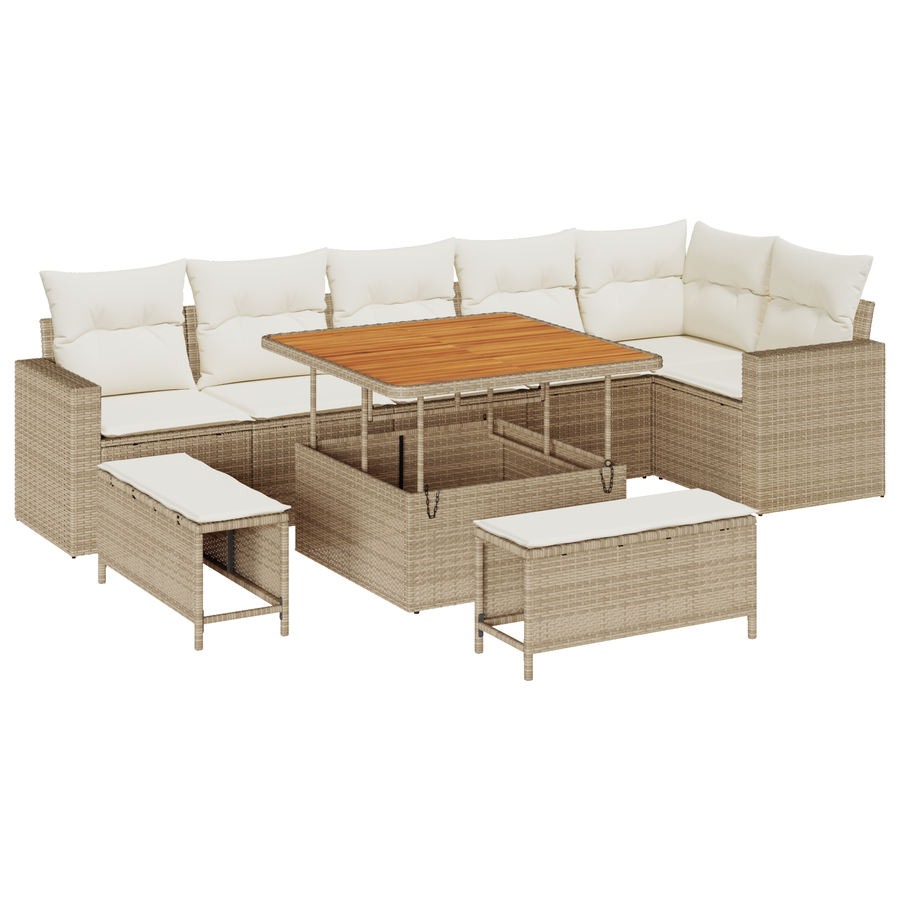 9-delige tuinsofa set met kussens in beige poly rattan en acaciahout