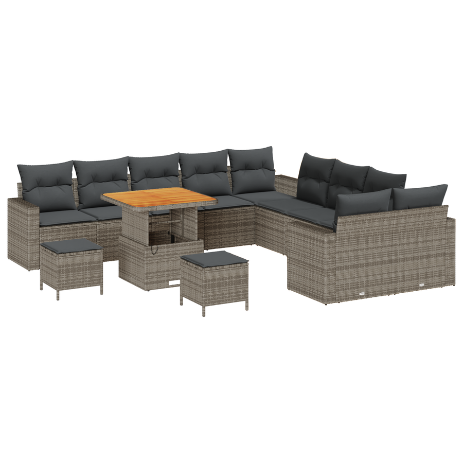 13-delige Tuinbankenset met kussens poly rattan acacia grijs
