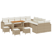 Tuinbankenset poly rattan acacia hout beige 14-delig