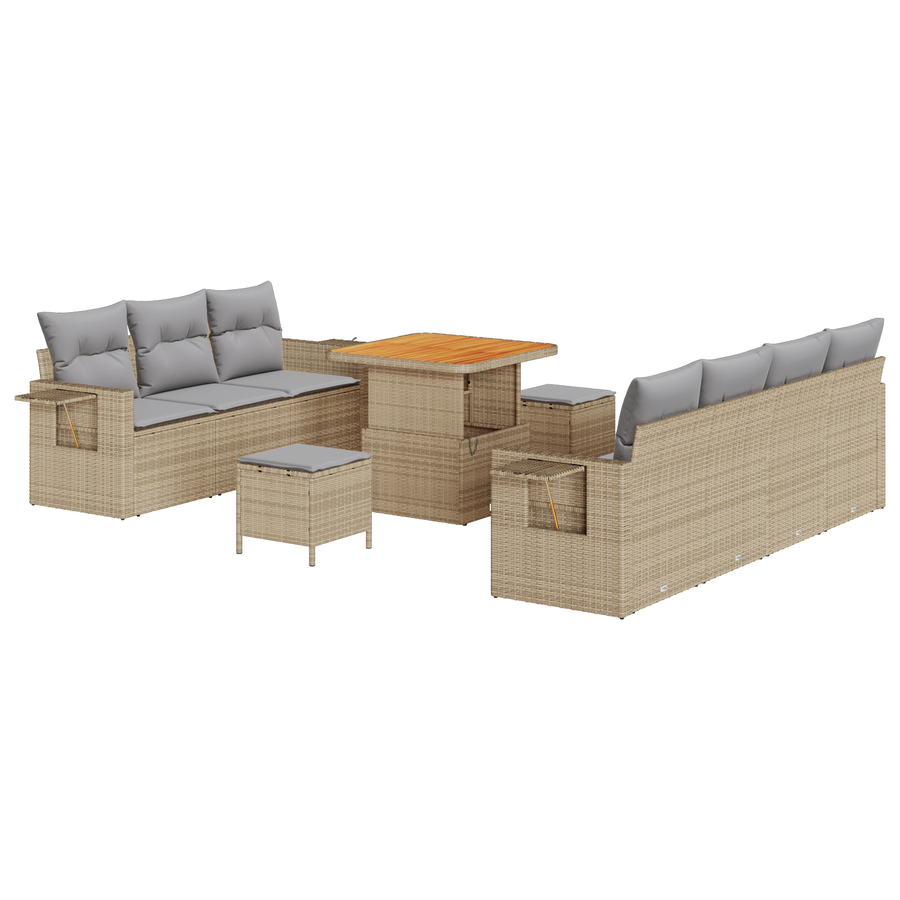 10-delige Tuinbankenset met kussens poly rattan acacia beige