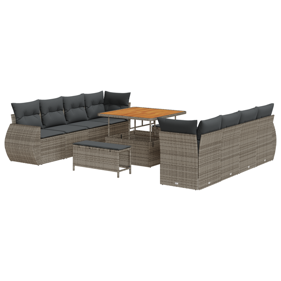 11-delige Tuinbankenset met kussens poly rattan acacia grijs